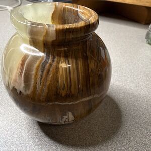 Unmarked Polished Marbled Stone Bud Vase ~ Brown & Beige ~ 3 in Tall